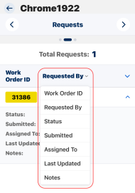 Request details screen for asset with request fields drop-down showing.